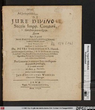 Inauguralis Ad Iuris publici, partem primam, De Iure Divino, Sacris Impp. Constitutionibus promulgato