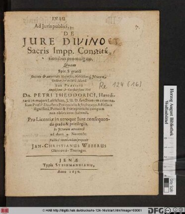 Inauguralis Ad Iuris publici, partem primam, De Iure Divino, Sacris Impp. Constitutionibus promulgato