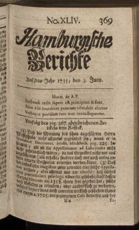 No. XLIV. Auf das Jahr 1735, den 3. Juny. - No. LI. Auf das Jahr 1735, den 28. Juny.