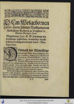 Dem Wolgebornen Herrn / Herrn Philipp Wolffgang von Fleckenstein …