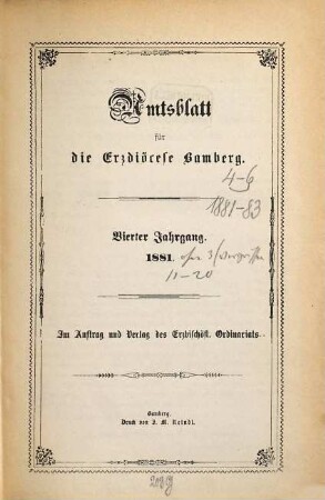 Amtsblatt für die Erzdiözese Bamberg : Amtsbl. des Erzbischöflichen Ordinariats Bamberg. 4. 1881