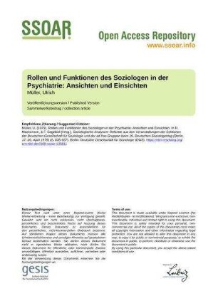 Rollen und Funktionen des Soziologen in der Psychiatrie: Ansichten und Einsichten