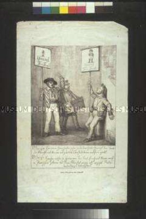 Karikatur des Vormärz auf die preußische Verfassung vom 3. Februar 1847 unter Anspielung auf den kleinwüchsigen Schausteller Charles Stratton, bekannt als "General Tom Thumb"