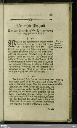 Der sechste Abschnitt. Von dem Angriffe und der Vertheidigung einer angegriffenen Lehre