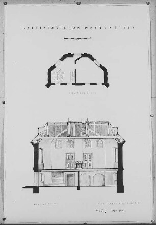 Weesenstein, Jagdpavillon oder Belvedere, 1. Obergeschoss, Grundriss und Querschnitt