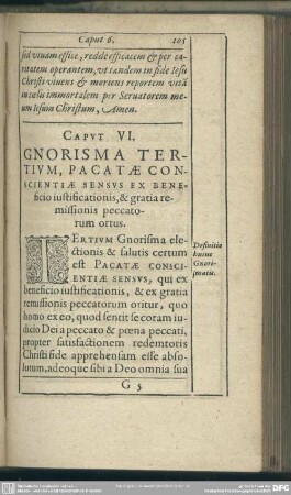 Caput VI. Gnorisma Tertium, Pacatae Conscientiae Sensus Ex Beneficio iustificationis, & gratia remissionis peccatorum ottus