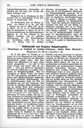 Städtepolitik und Soziales Aufgabengebiet (Bemerkungen zur Denkschrift des Deutschen Städtetages, „Städte, Staat, Wirtschaft".)