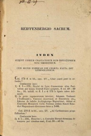 Index aliquot codicum chartaceorum olim Erfurtensium nunc Dresdensium in Bibliotheca secundi generis principali Dresdensi asservantur cum signis fabricae ubi charta facta est lithographicis]