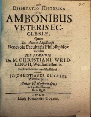 Disputatio Historica De Ambonibus Veteris Ecclesiae