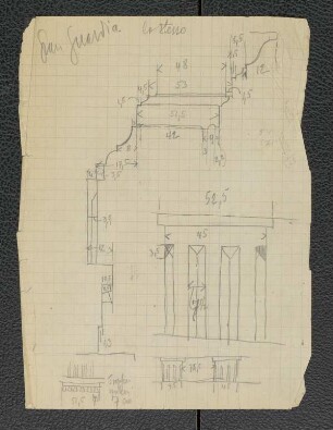 Exerzierhalle Gran Guardia zu Verona, Hauptgesims, Kragsteine der Traufe, Kapitell unter Hauptgesims