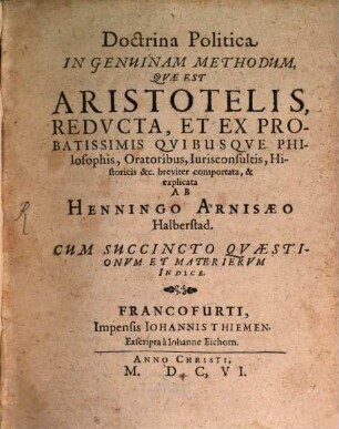 Doctrina politica in genuinam methodum Aristotelis reducta