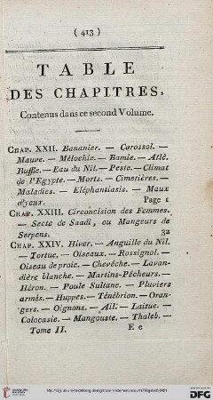 Table des chapitres, contenus dans ce second Volume