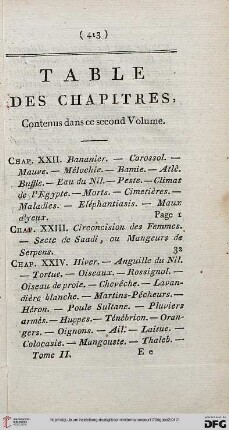 Table des chapitres, contenus dans ce second Volume
