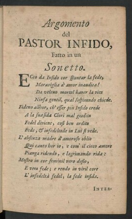 Argomento del Pastor Infido, Fatto in un Sonetto.