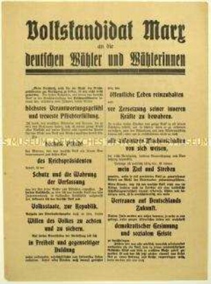 Flugblatt mit dem politischen Programm von Wilhelm Marx für seine Kandidatur zur Reichspräsidentenwahl 1925