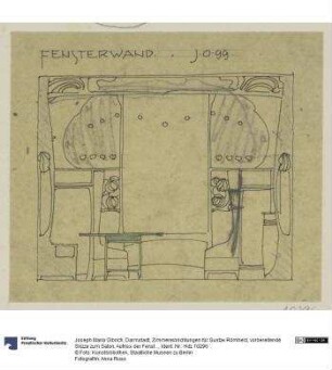 Darmstadt, Zimmereinrichtungen für Gustav Römheld, vorbereitende Skizze zum Salon, Aufriss der Fensterwand