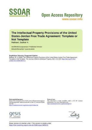 The Intellectual Property Provisions of the United States-Jordan Free Trade Agreement: Template or Not Template