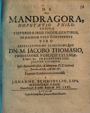 De Mandragora, Disputatio Philologica