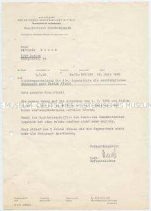 Schreiben aus der DDR mit der Ablehnung der Überstellung weiteren Umzugsgutes - Familienkonvolut