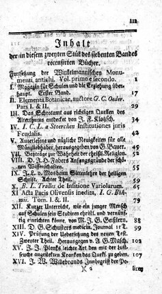 Inhalt der in diesem zweyten Stük des siebenten Bandes recensirten Bücher.