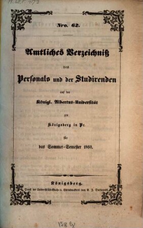 Amtliches Verzeichnis des Personals und der Studierenden der Albertus-Universität zu Königsberg i. Pr, 1860, SS = Nr. 62