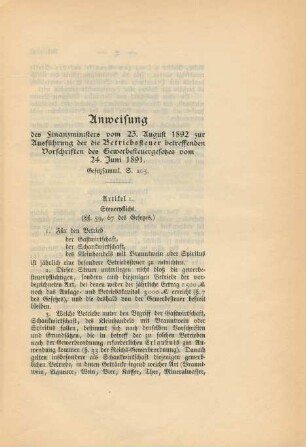 Anweisung des Finanzministers vom 23. August 1892 zur Ausführung der die Betriebssteuer betreffenden Vorschriften des Gewerbesteuergesetzes vom 24. Juni 1891.