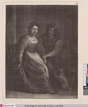 [Ein Paar mit Hund; Couple seated to the left of a table]