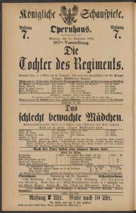 [Theaterzettel] : Mittwoch, den 21. September 1892. 187ste Vorstellung