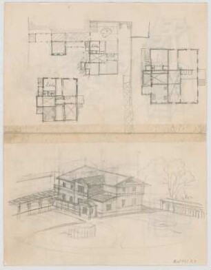 Thiersch, August ; München, Blütenstr.; Privathaus, Projekt - Grundrisse, Vogelperspektive
