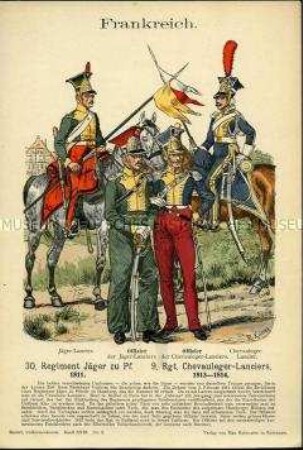 Uniformdarstellung, Gemeiner und Offizier des 30. Jäger-Regiments zu Pferde, Offizier und Gemeiner des 9. Chevauleger-Lancier-Regiments, Frankreich, 1811/1814.