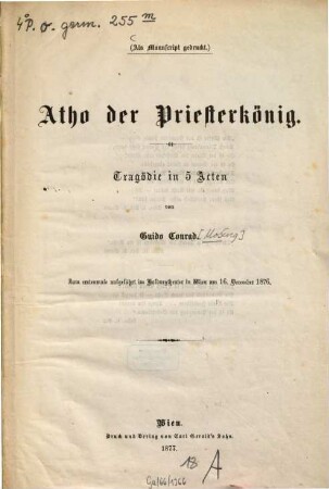 Atho der Priesterkönig : Tragödie in 5 Acten