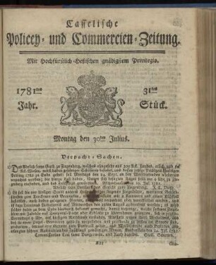 1781tes Jahr. 31tes Stück. Montag den 30ten Julius