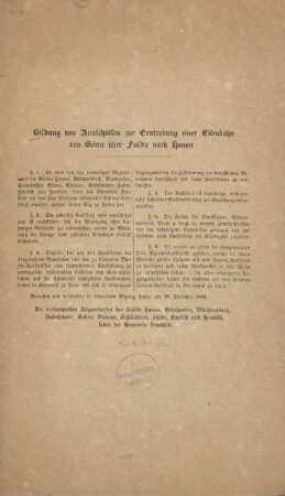 Bildung von Ausschüssen zur Erstrebung einer Eisenbahn von Bebra über Fulda nach Hanau.