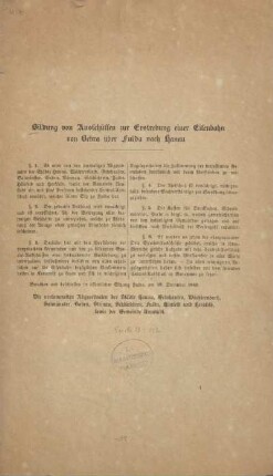 Bildung von Ausschüssen zur Erstrebung einer Eisenbahn von Bebra über Fulda nach Hanau.