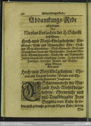 Abdankung : Abdanckungs-Rede, abgeleget Von Nicolao Gerlachen