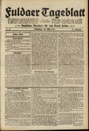 Erste Ausgabe vom Samstag, den 14. Mai 1921.
