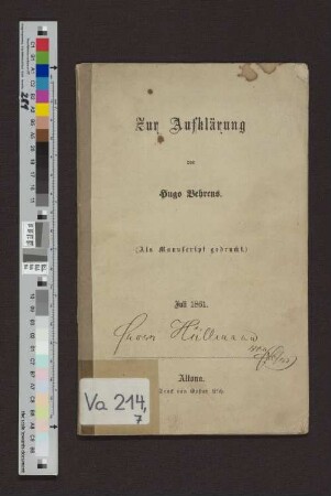 Zur Aufklärung : (Als Manuscript gedruckt.)