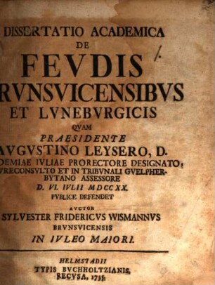 Dissertatio Academica De Fevdis Brvnsvicensibvs Et Lvnebvrgicis