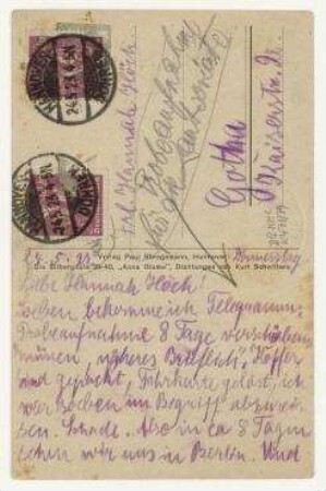 Merz-Postkarte von Kurt Schwitters an Hannah Höch mit Abbildung "Kurt Schwitters Das Undbild (Merzbild.)". Hannover