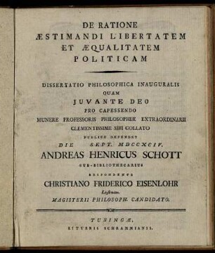 De Ratione Aestimandi Libertatem Et Aequalitatem Politicam : Dissertatio Philosophica Inauguralis