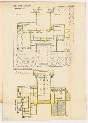 Kasino für eine Arbeiterkolonie Monatskonkurrenz Oktober 1912: Grundriss Untergeschoss, Erdgeschoss 1:200; Maßstabsleiste