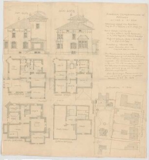 Thiersch, Friedrich von; München, Georgenstr. 16; Haus Thiersch - Lageplan, Grundriss UG, Grundriss EG, Grundriss 1. OG, Grundriss DG, Ansichten