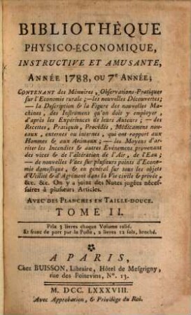 Bibliothèque physico-économique : instructive et amusante. 1788,2 = A. 7