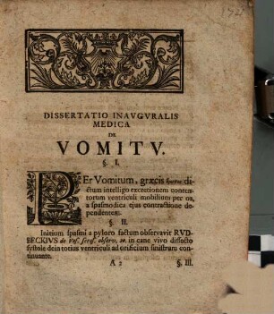 Dissertatio Inavgvralis Medica De Vomitv : = Vom Brechen