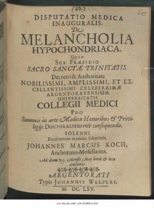 Disputatio Medica Inauguralis De Melancholia Hypochondriaca