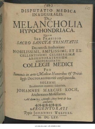 Disputatio Medica Inauguralis De Melancholia Hypochondriaca
