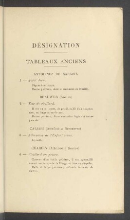 Désignation. Tableaux anciens