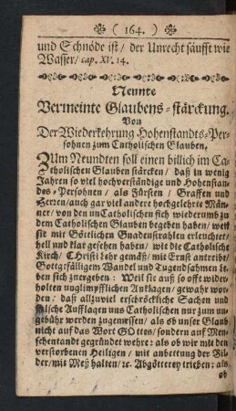 Neunte Vermeinte Glaubens-stärckung. Von Der Wiederkehrung Hohenstandts-Persohnen zum Catholischen Glauben.