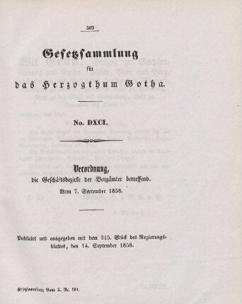 591. Verordnung, die Geschäftsbezirke der Bergämter betreffend; vom 7. September 1858.