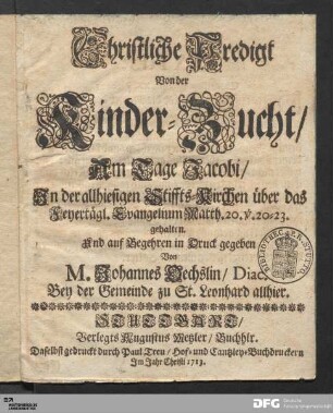Christliche Predigt Von der Kinder-Zucht